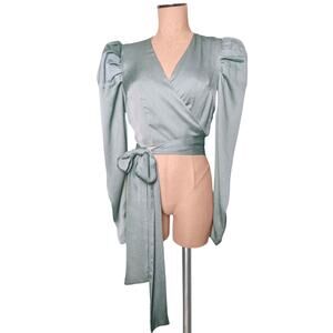 ATHENA Satin Tie Around Waist Trendy Seafoam Blue Green Tie Side Top M